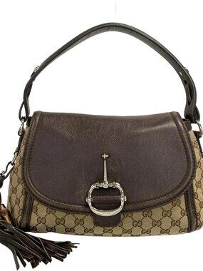 GUCCI Horsebit/GG 240266 Dark Brown Beige Jacquard Leather Handbag